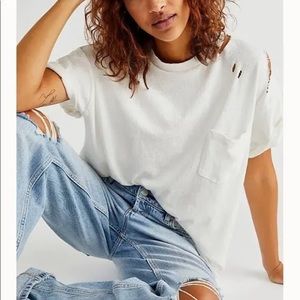 Free People We the Free Distressed White Pocket Tee